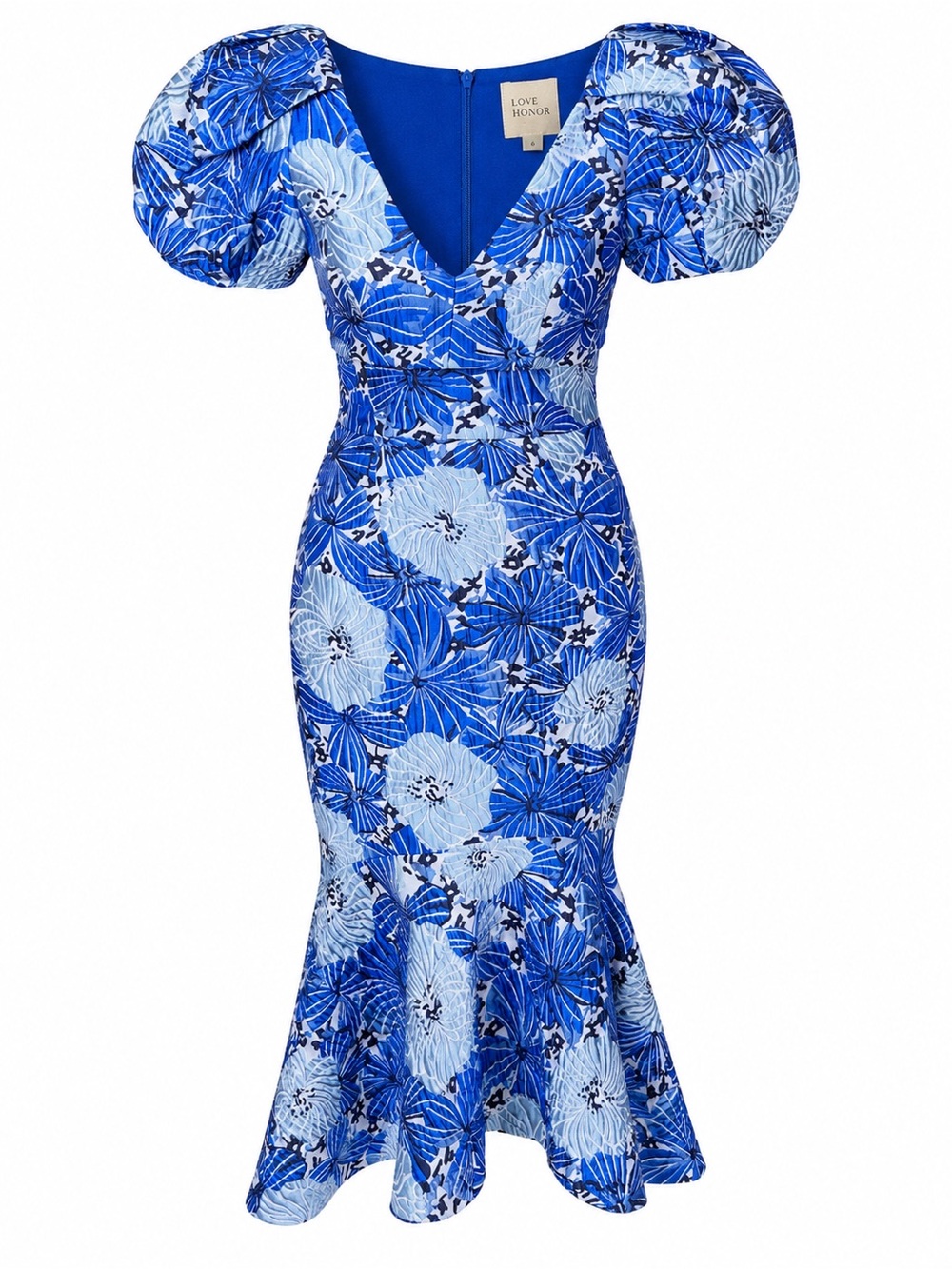 Love Honor Blue Floral Puff Sleeve‎ Midi Mermaid Dress Coquette Euro Summer Sz 6